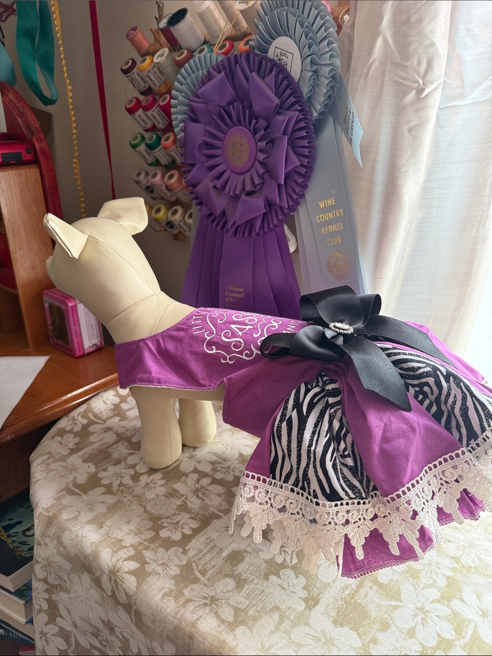 Purple Zebra Lace Dog Dress with Black Bow NWOT
